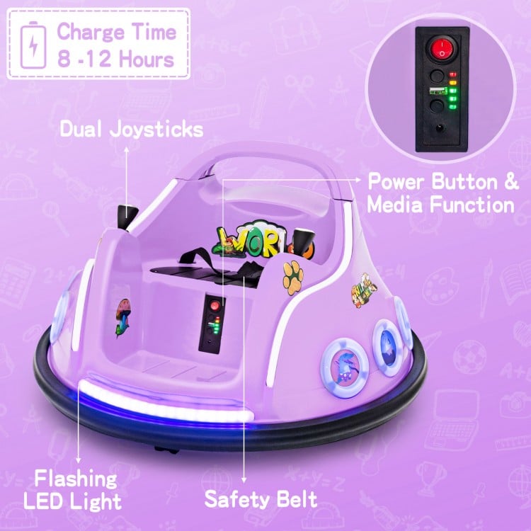 Purple 12V electric ride-on car with dual joysticks, LED lights, and safety belt for fun and safe playtime.